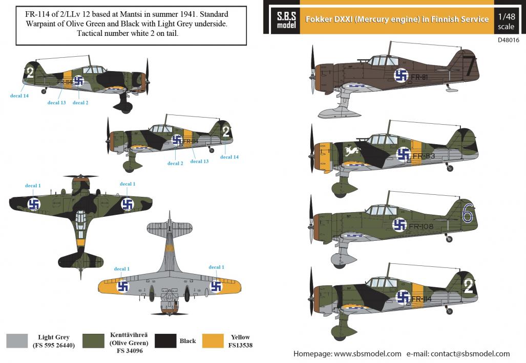 SBS Model SBSD4816D 1:48 Fokker D.XXI (Mercury engine) Finnish Air Force WW II