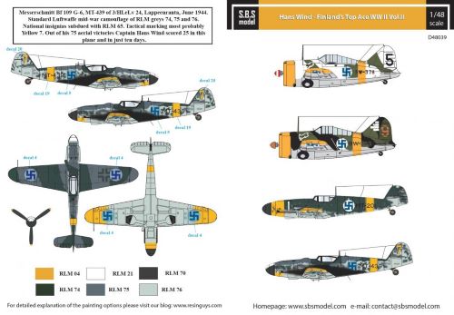 SBS Model SBSD4839D 1:48 Hans Wind - Finland's Top Ace II Vol.II Includes Messerschmitt Bf-109G-2/Bf-109G-6, Brewster B-239 Buffalo,