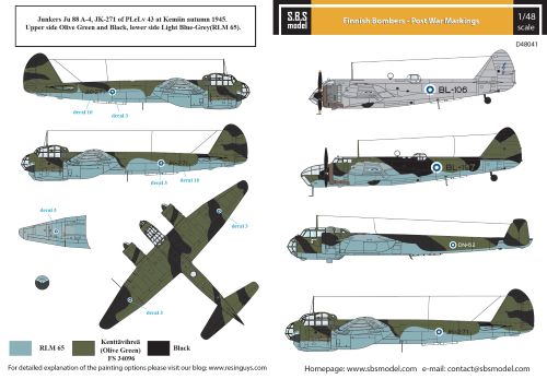 SBS Model SBSD4841D 1:48 Finnish Bombers - Post War Markings Include Bristol Blenheim Mk.I/Mk.IV, Junkers Ju-88A-4, Dornier Do-17Z.
