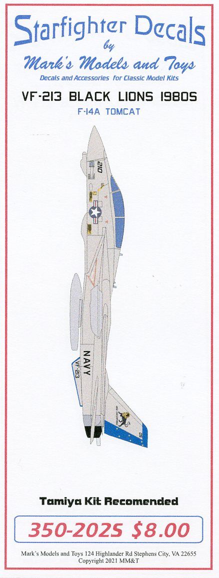 Starfighter Decals 350202 1:350 Markings for 8 F-14 Tomcats from VF-213 assigned to CVW-11 aboard the USS Enterprise
