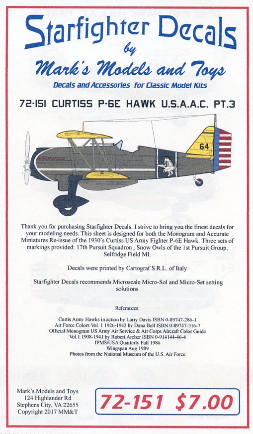 Starfighter Decals 72151 1:72 Curtiss P-6E 'Hawk' Part 3. Snow Owls.