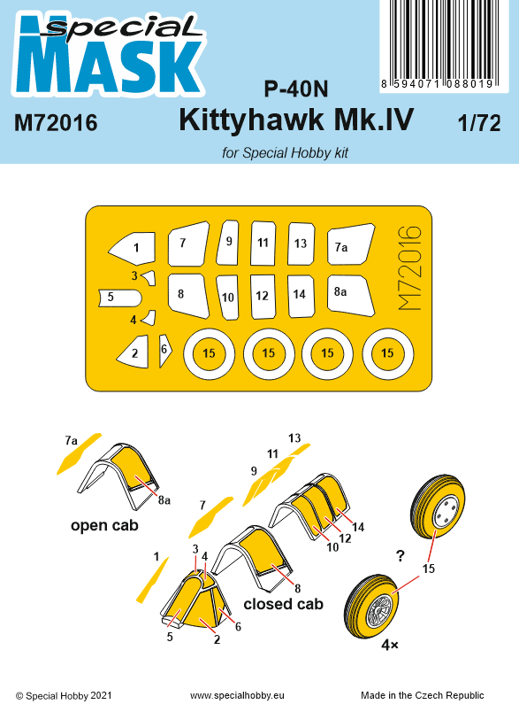 Special Hobby M72016 1:72 Curtiss P-40N/Kittyhawk Mk.IV Paint Mask