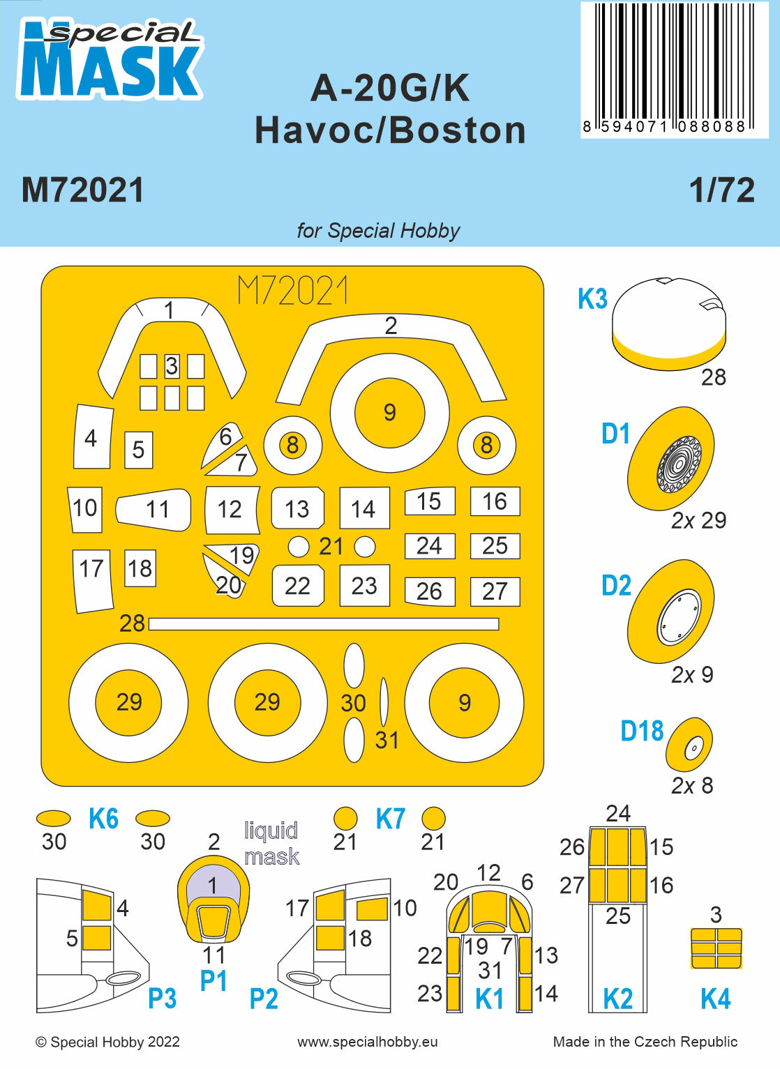 Special Hobby M72021 1:72 Douglas A-20G/K Havoc/Boston Mk.IV Paint Mask