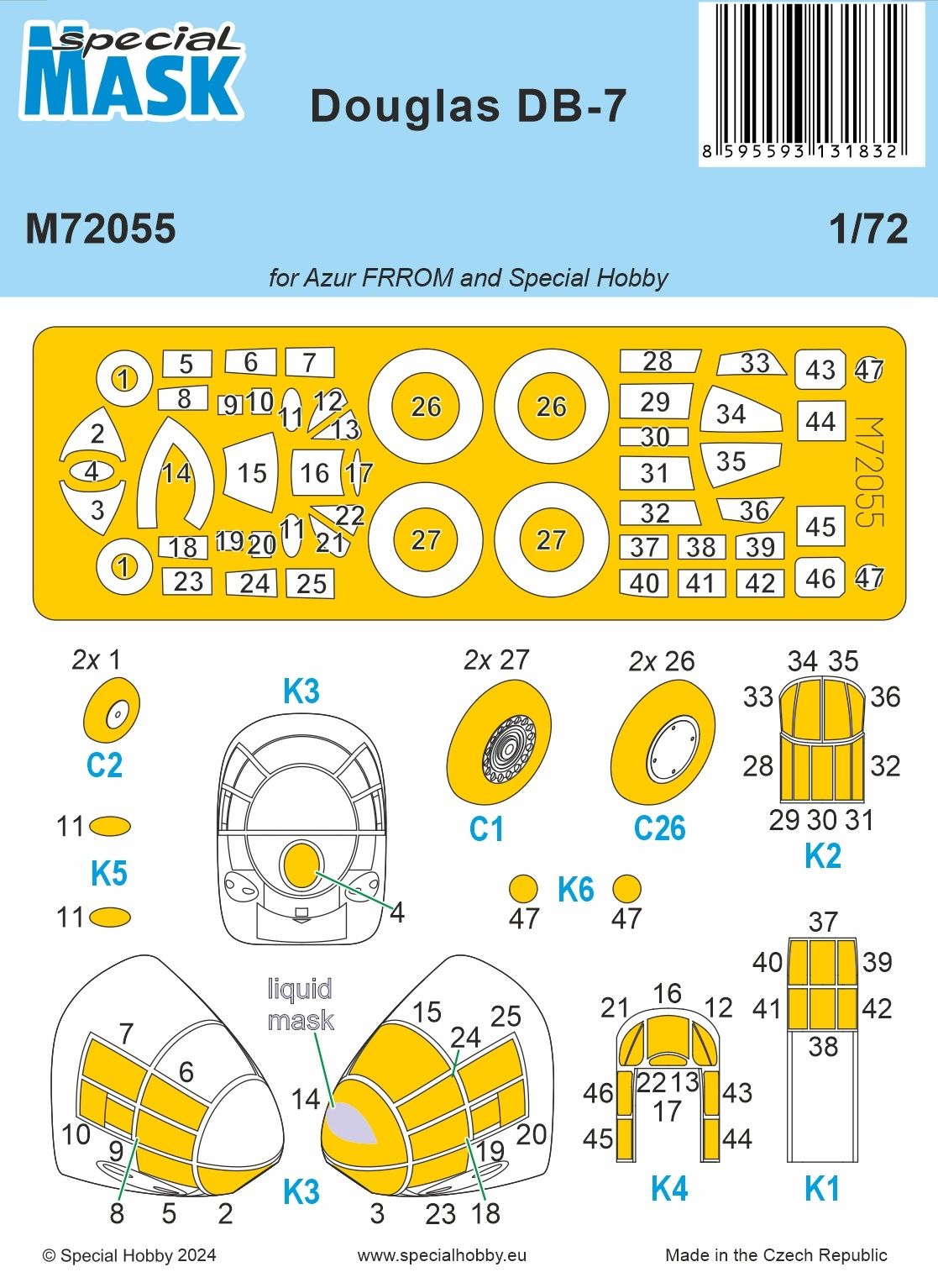 Special Hobby M72055 1:72 Douglas DB-7 wheels and canopy frame paint mask