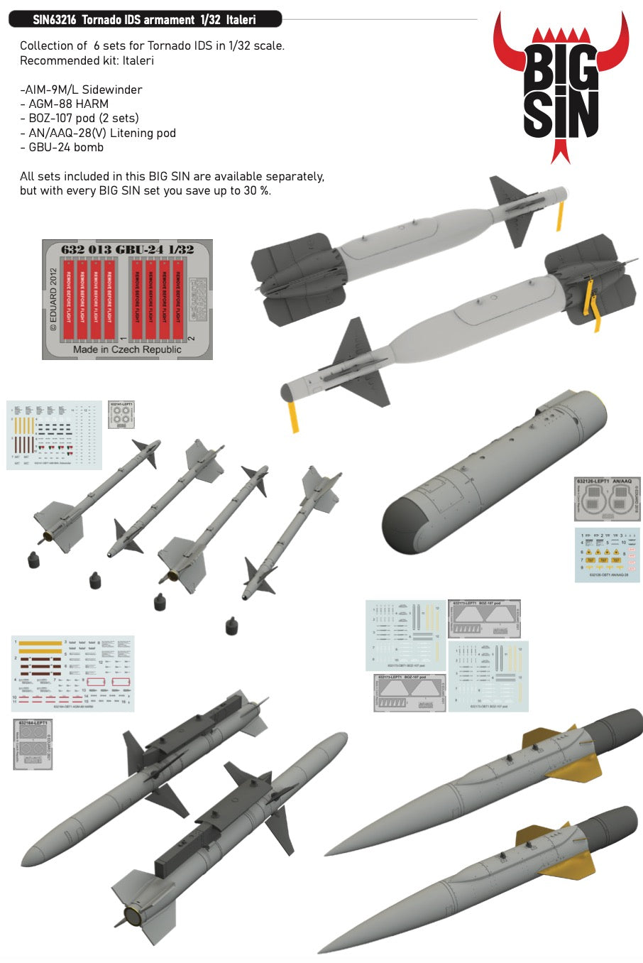 Eduard Brassin SIN63216 1:32 Panavia Tornado IDS armament to be used with Italeri