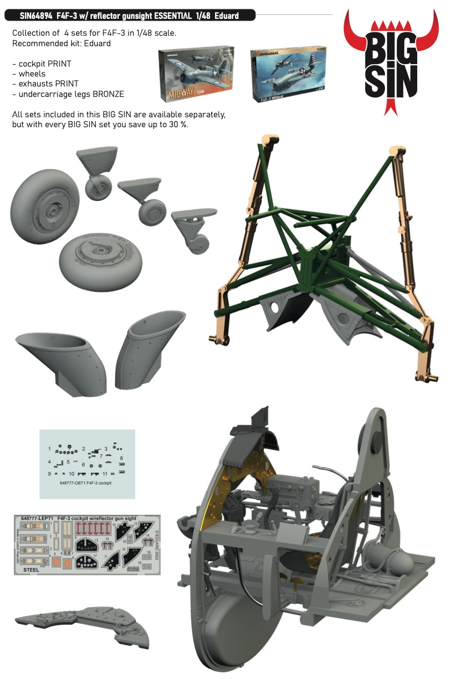 Eduard Brassin SIN64894 1:48 F4F-3 Wildcat with reflector gunsight ESSENTIAL to be used with Eduard