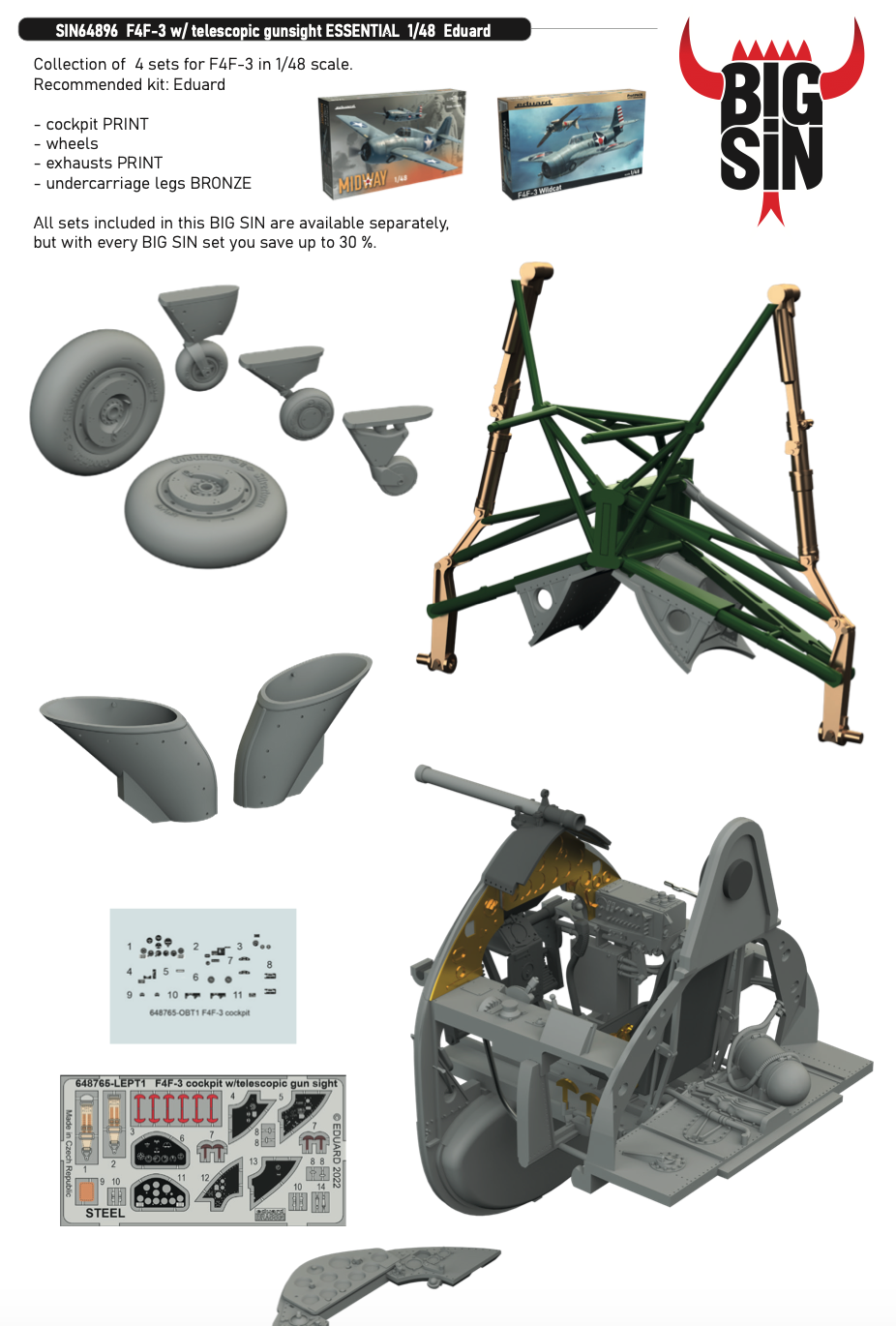 Eduard Brassin SIN64896 1:48 F4F-3 Wildcat with telescopic gunsight ESSENTIAL to be used with Eduard