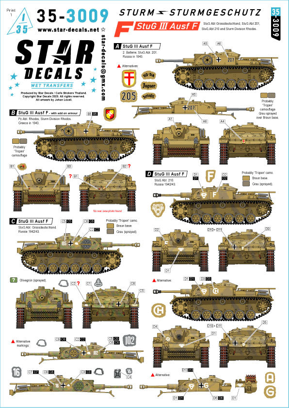 Star Decals 35-3009 1:35 Sturmgeschutz/StuG III Ausf.F