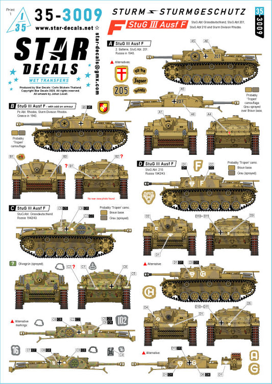 Star Decals 35-3009 1:35 Sturmgeschutz/StuG III Ausf.F