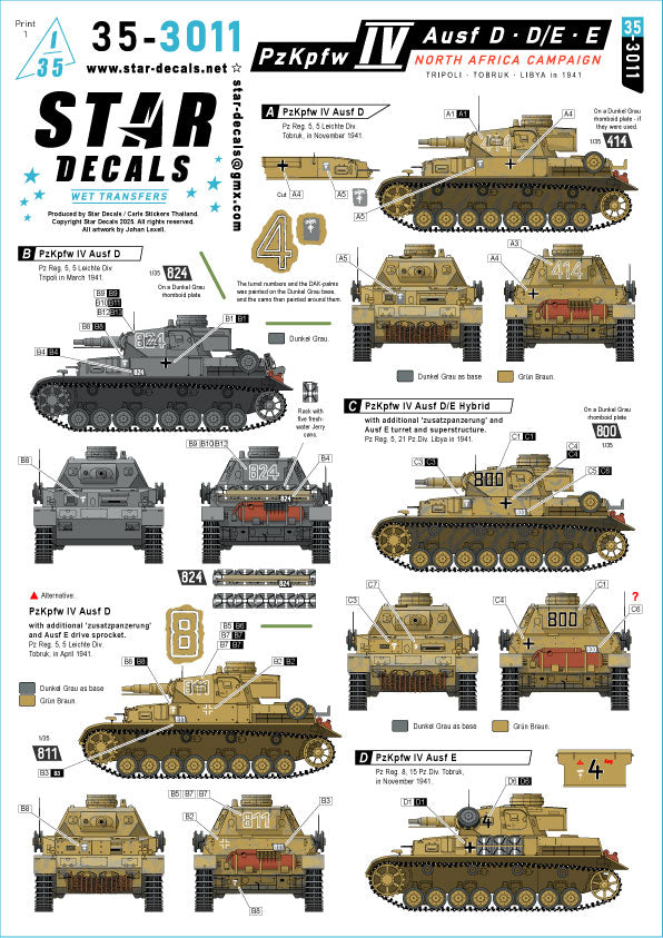 Star Decals 35-3011 1:35 Pz.Kpfw.IV Ausf.D, D/E, E.