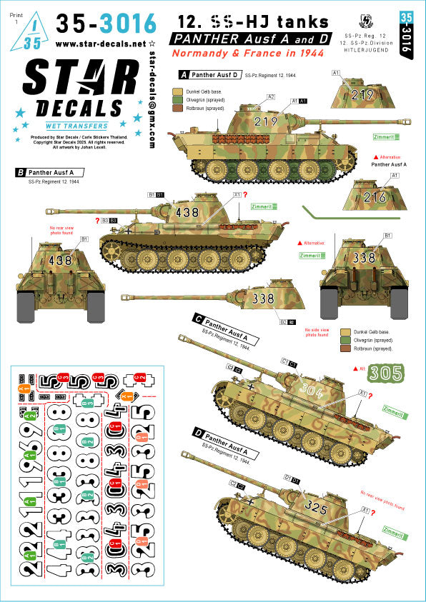 Star Decals 35-3016 1:35 Pz.Kpfw.V Panther Ausf.A and D.