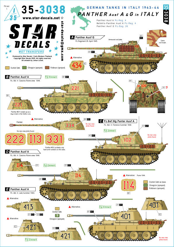 Star Decals 35-3038 1:35 Pz.Kpfw.V Panther A and G in Italy.