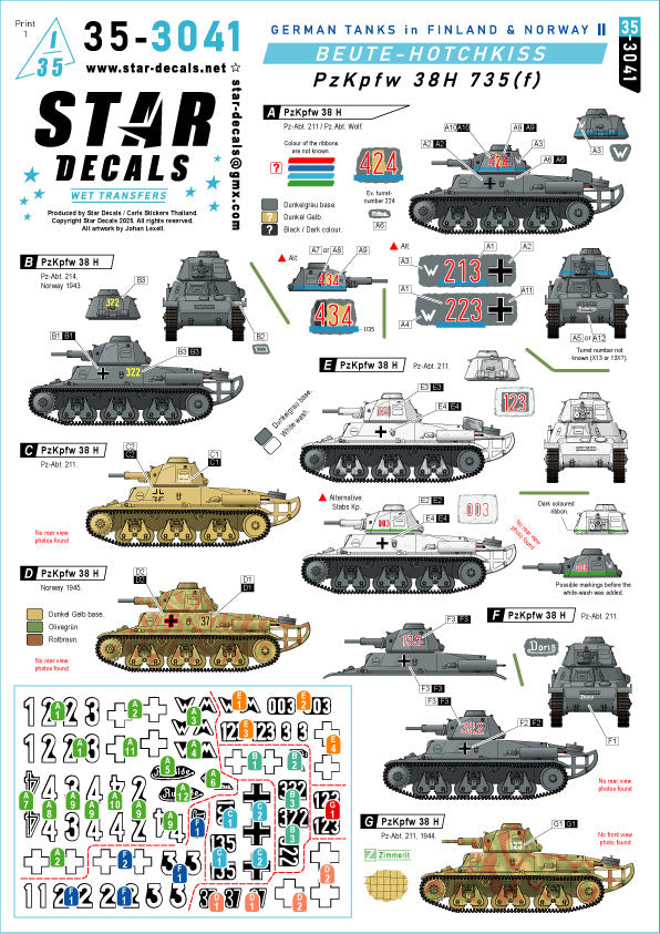 Star Decals 35-3041 1:35 German tanks Finland and Norway Hotchkiss Pz.Kpfw.38H 735(f)