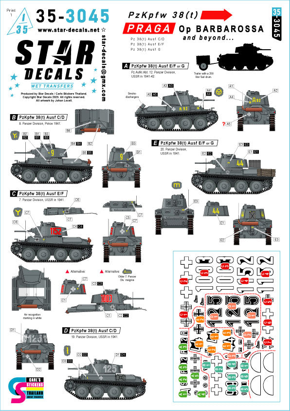 Star Decals 35-3045 1:35 Pz.Kpfw. 38(t) Praga.Operation Barbarossa and beyond