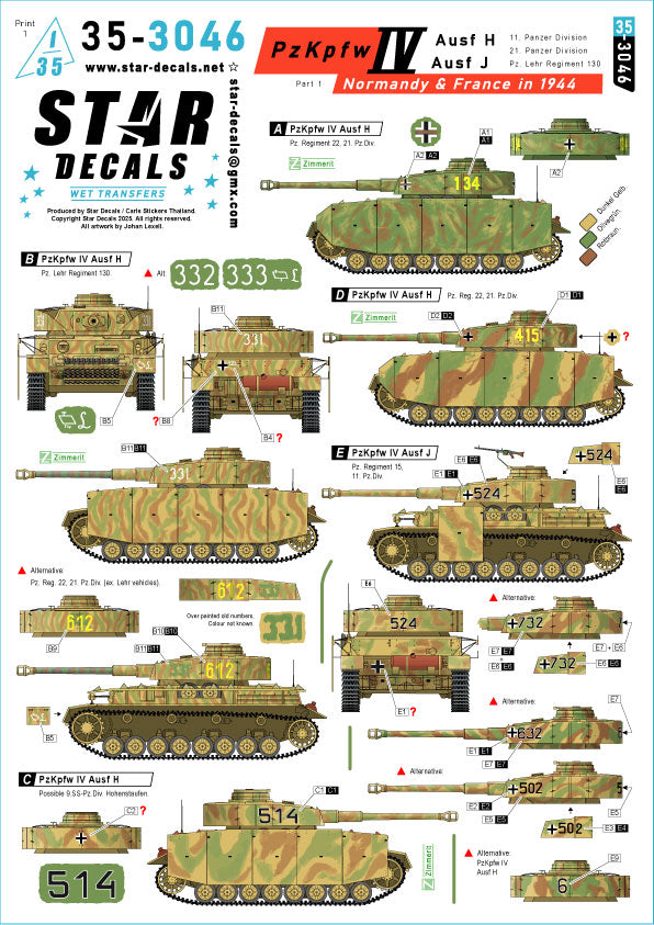Star Decals 35-3046 1:35 Pz.Kpfw.IV Ausf.H and J. Normandy & France in 1944 # 1.