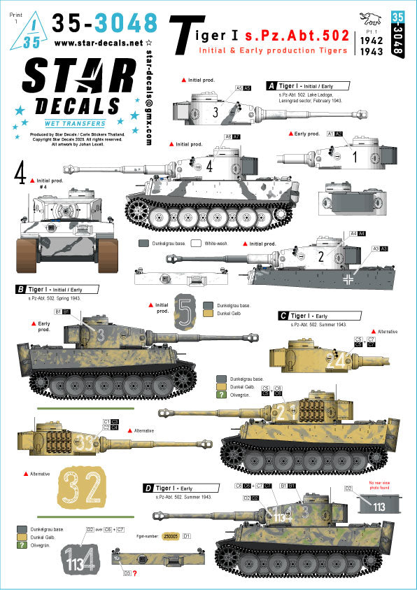 Star Decals 35-3048 1:35 Pz.Kpfw.VI Tiger I s.Pz.Abt. 502 # 1.