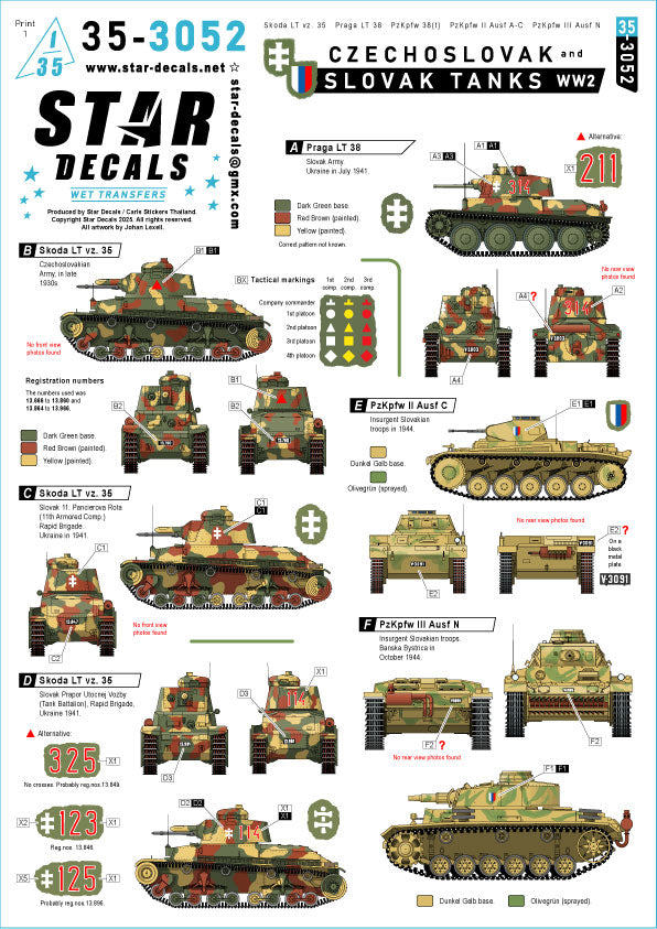 Star Decals 35-3052 1:35 Czechoslovak & Slovak Tanks.Skoda LT vz. 35, Praga LT 38, Pz.Kpfw.38(t),