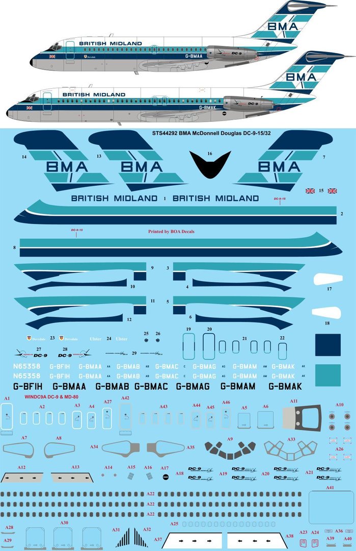 26 Decals STS44292 1:144 BMA British Midland McDonnell-Douglas DC-9-15 ...