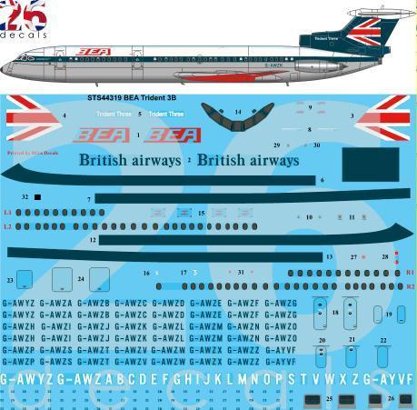 26 Decals STS44319 1:144 BEA Hawker-Siddeley Trident 3B