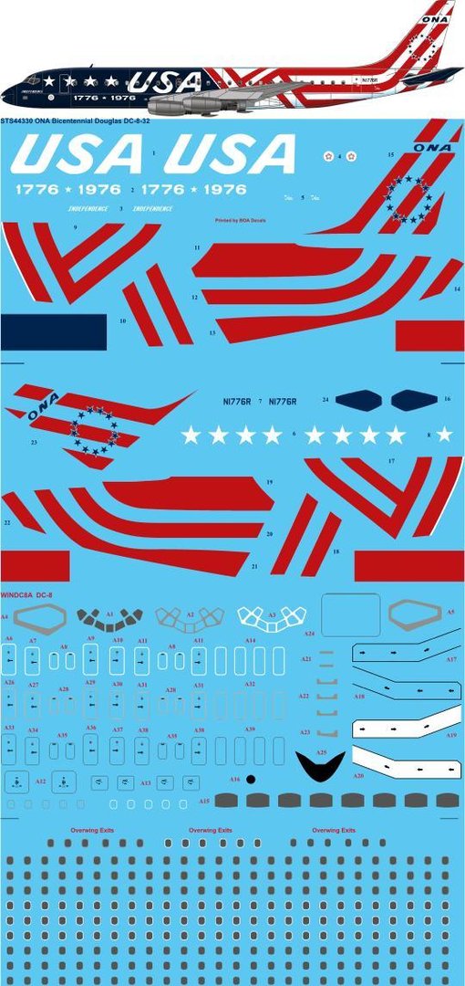 26 Decals STS44330 1:144 ONA Bicentennial 'Independence' Douglas DC-8-32