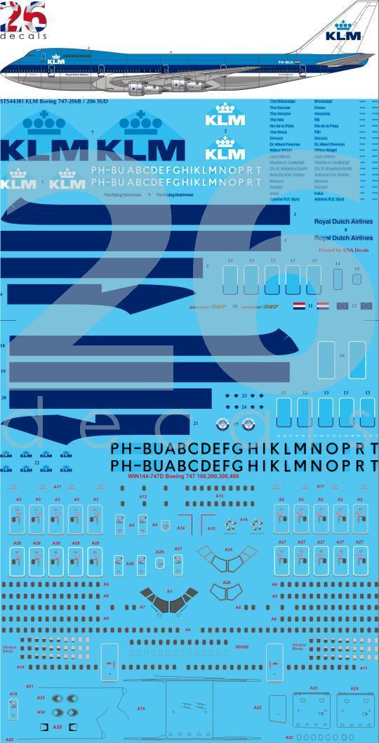 26 Decals STS44381 1:144 KLM 1970s Blue Top Boeing 747-206/206 SUD