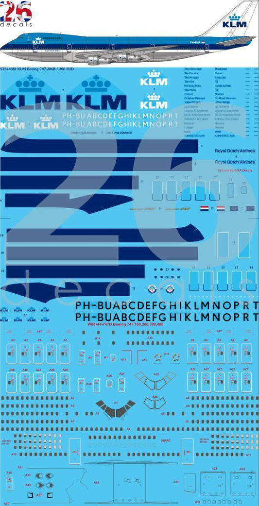 26 Decals STS44381 1:144 KLM 1970s Blue Top Boeing 747-206/206 SUD