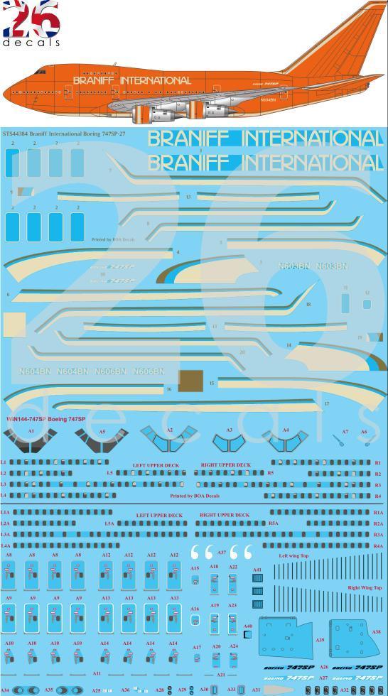 26 Decals STS44384 1:144 Braniff International Boeing 747SP