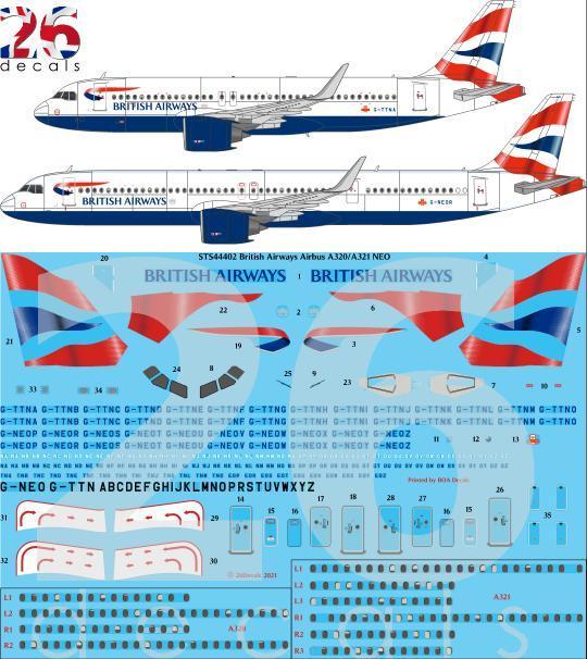 26 Decals STS44402 1:144 British Airways Airbus A320-251N / Airbus A321-251NX