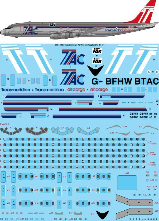 26 Decals STS44415 1:144 Transmeridian Air Cargo Douglas DC-8-54F