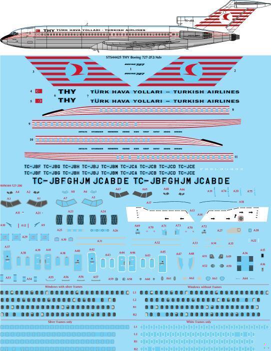 26 Decals STS44424 1:144 THY Turkish Airlines Boeing 727-2F2/Adv Screen Printed Decal - for CRM kit