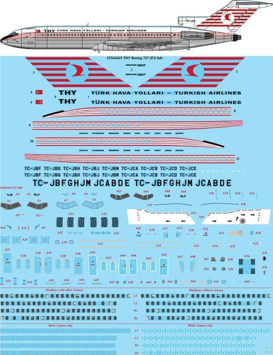 26 Decals STS44424 1:144 THY Turkish Airlines Boeing 727-2F2/Adv Screen Printed Decal - for CRM kit