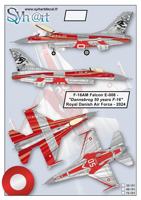Syhart Decal SY32151 1:32 F-16AM Falcon E-006 'Dannebrog 50 years F-16' Royal Danish AF - 2024