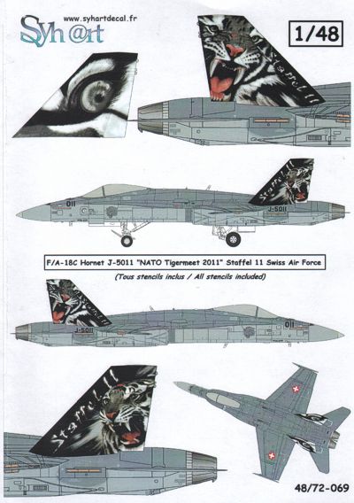 Syhart Decal 48069 1:48 F/A-18C Hornet Swiss Air Force J-5011, NATO Tigermeet 2011 with striking Tiger heads on fins