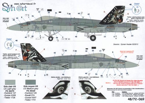 Syhart Decal 48069 1:48 F/A-18C Hornet Swiss Air Force J-5011, NATO Tigermeet 2011 with striking Tiger heads on fins