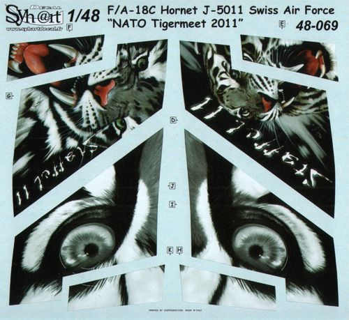 Syhart Decal 48069 1:48 F/A-18C Hornet Swiss Air Force J-5011, NATO Tigermeet 2011 with striking Tiger heads on fins