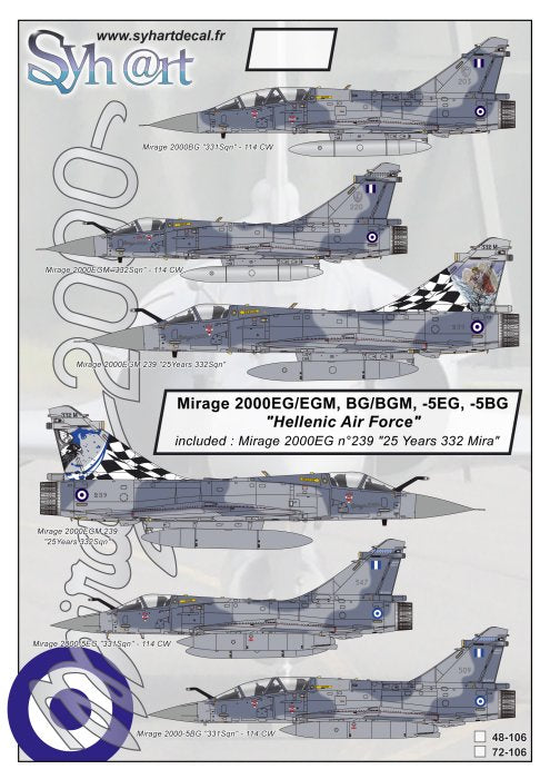 Syhart Decal 72-106 1:72 Dassault_Mirage 2000EG/EGM, BG/BGM, -5EG, -5BG 'Hellenic Air Force'