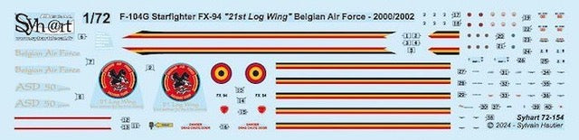 Syhart Decal 72-154 1:72 Lockheed F-104G Starfighter FX-94 '1st Log Wing' Belgian Air Force 2000-2002