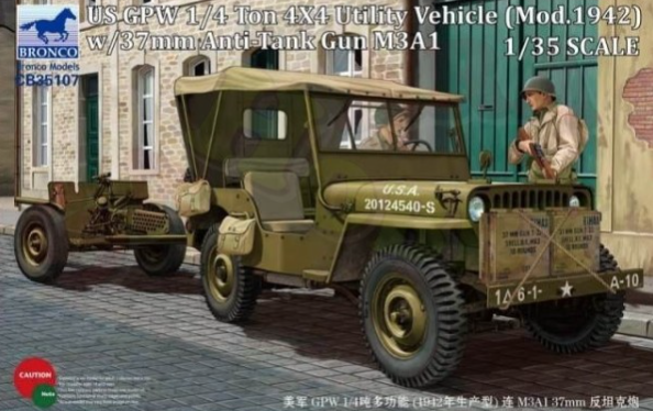 Bronco Models CB35107 1:35 U.S. GPW 4x4 Light Utility Truck with 37mm Anti-Tank Gun M3A1