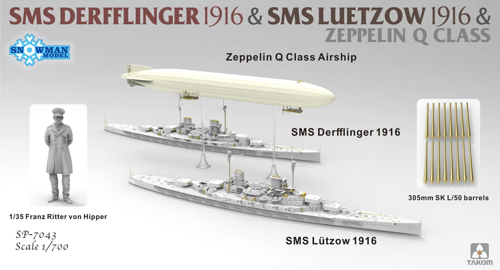 Takom SP-7043 1:700 SMS Derfflinger 1916, SMS LÃ¼tzow 1916 & Zeppelin Q Class Airship (Waterline Limited Edition)