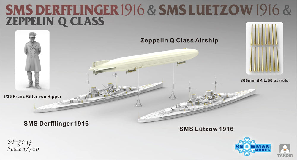 Takom SP-7043 1:700 SMS Derfflinger 1916, SMS LÃ¼tzow 1916 & Zeppelin Q Class Airship (Waterline Limited Edition)