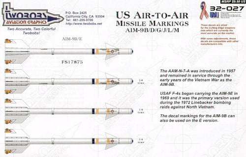 Two Bobs 32027 1:32 U.S. Air-to-Air Missile Markings for AIM-9B/D/G/J/L/M and AIM-7E-2/M