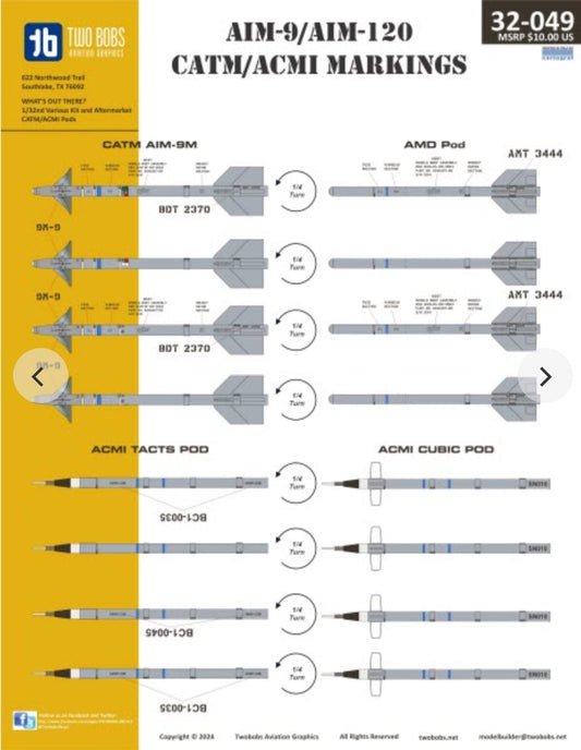 Two Bobs 32-049 1:32 Markings for CATM AIM-9/AIM-120/ACMI AIM-9L/M, AIM-120B/C, ACMI Cubic Pod