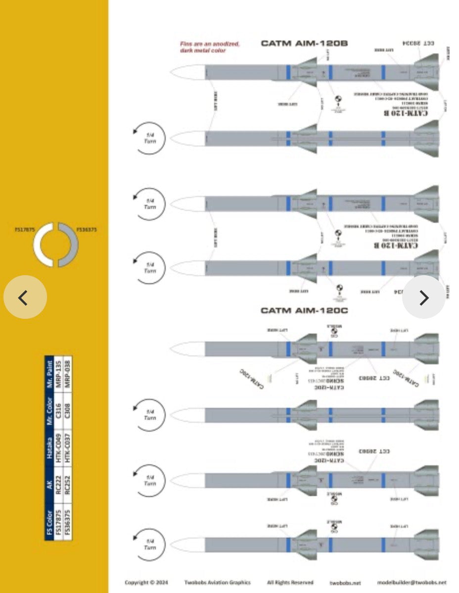 Two Bobs 32-049 1:32 Markings for CATM AIM-9/AIM-120/ACMI AIM-9L/M, AIM-120B/C, ACMI Cubic Pod