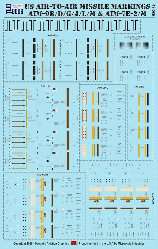 Two Bobs 48086 1:48 U.S. Air-to-Air Missile Markings for AIM-9B/D/G/J/L/M and AIM-7E-2/M.