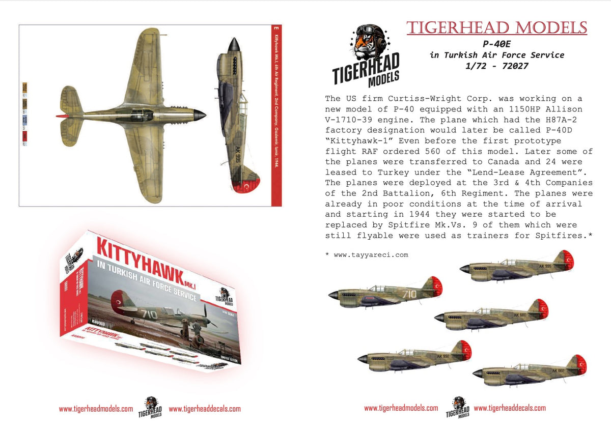 Tigerhead Models D72027 1:72 Curtiss P-40E in Turkish Air Force Service