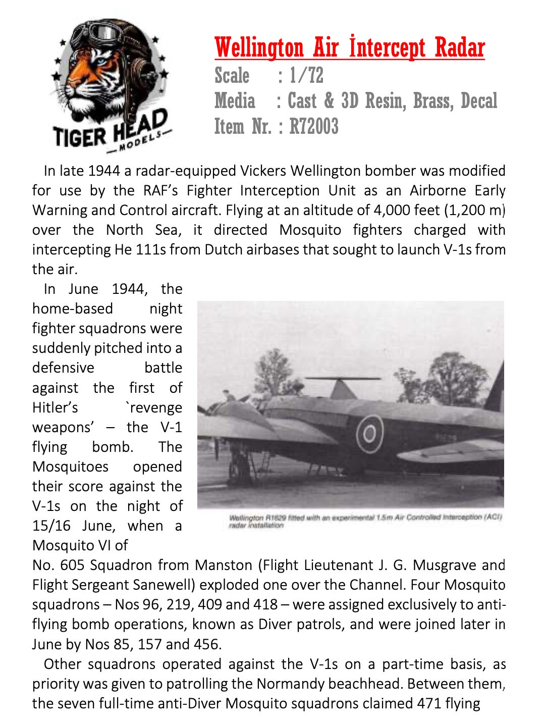 Tigerhead Decals THR72003 1:72 Vickers Wellington Air Intercepter Radar