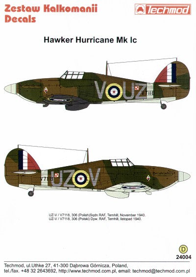 Techmod 24004 1:24 Hawker Hurricane Mk.I V7118 UZ-V 306 (Polish) Sqn 1940