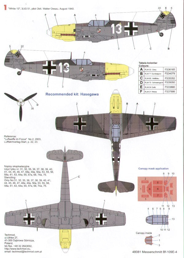 Techmod 48081 1:48 Messerschmitt Bf-109E-4