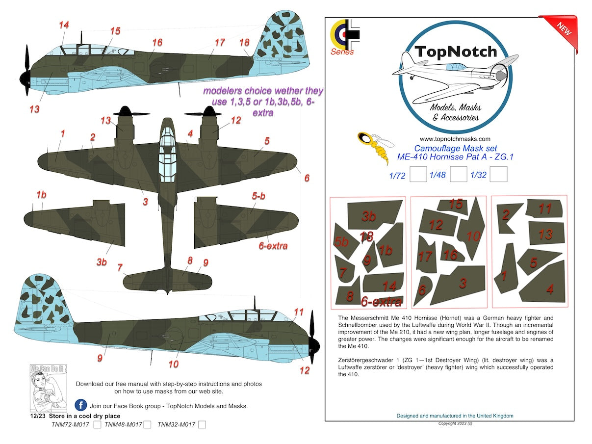 TopNotch TNM32-M017 1:32 Messerschmitt Me-410A-1/U-2 Hornisse Pat A ZG 1 Camouflage pattern paint mask (designed to be used with HPH Model kits)