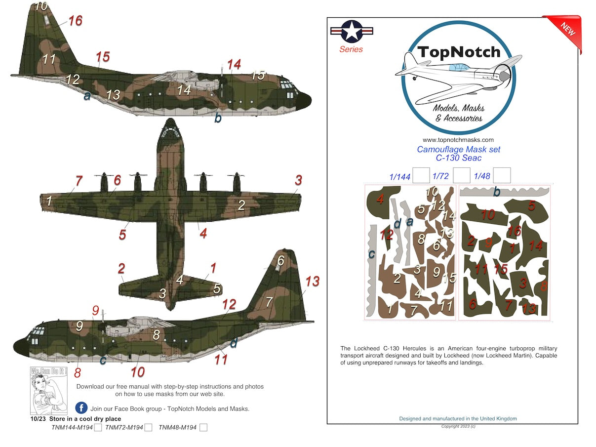 TopNotch TNM72-M194 1:72 C-130 Hercules USAAF - SEAC Camouflage pattern paint mask